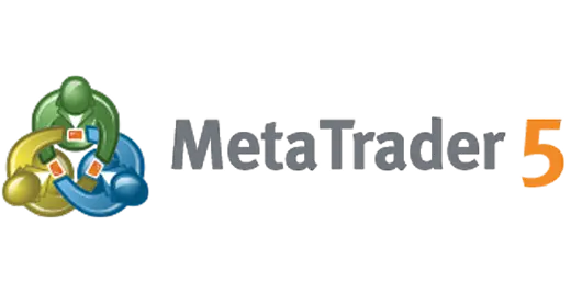 MetaTrader 5 trading platform logo with interconnected green, yellow, and blue figures holding devices.